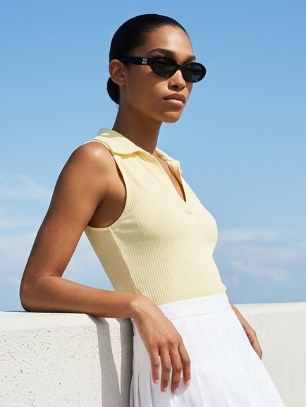 Butter Yellow Micro Ribbed Collared V-Neck Tank